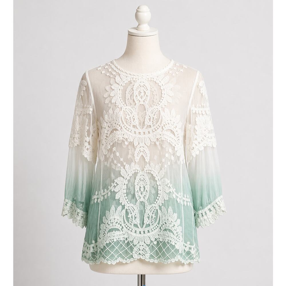White Green Lace Long Sleeve Sheer Top Cover Up Ombre S